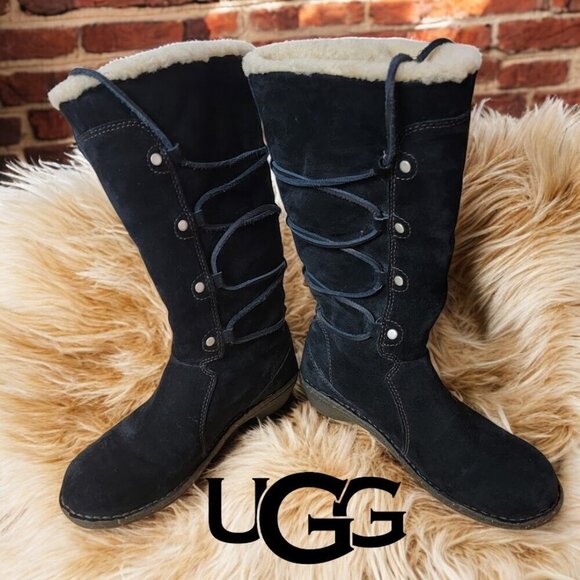 UGG SURFCAT 5158 Size 7 Leather Sheepskin Black Mid-Calf Lace Up Snow Boots - Picture 1 of 10